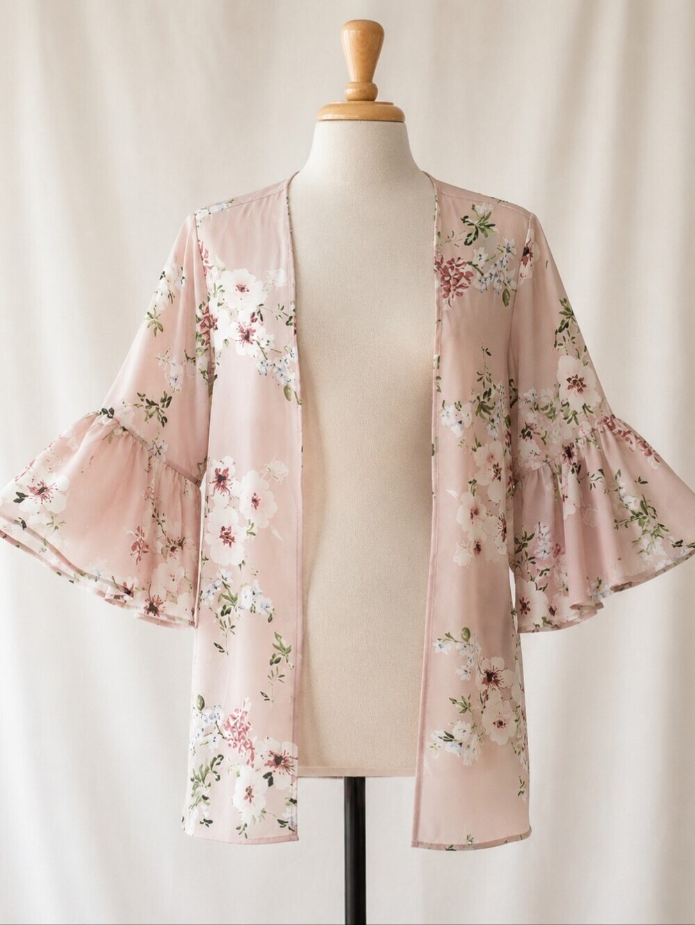 Blush Pink Floral Kimono Ruffle Sleeve Open Front Shrug Flowy Boho Feminine Chic